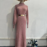 Turtleneck Pullover Solid Sweater Dress With Belt