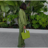 Long Sleeved Silk Geometric Shirt High Waist Pant Set