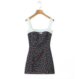 Flower Print Embroidery Lace Slash Collar Mini Dress