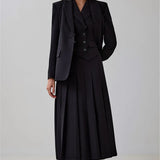 Notched Collar Pleated Skirt Suit Two Piece Sets