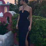 Solid Backless Halter Knit Slit Maxi Dress