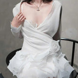 Appliques Ruffles Draped Long Sleeve Dress