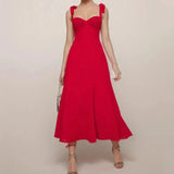 Solid Red Tie Bow Strap Midi Dress