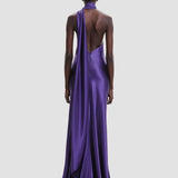 Purple Satin Halter Neck 3D Flower Scarf Maxi Dress