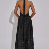 Glitter Bright Silk High Slit Halter Dress