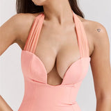 Pink Deep Neck Halter Bodycon Midi Dress