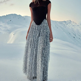 Black Fishbone Top Sequin Mesh Long Skirt Set