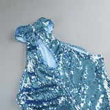 High neck bead wrapped hip skirt slit sequin dress