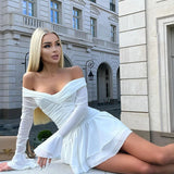 Solid Folds Long Flare Sleeves White Mini Dress