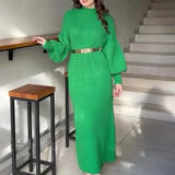 Turtleneck Pullover Solid Sweater Dress With Belt