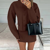Round Neck Long Sleeve Jacket Mini Skirt Suit
