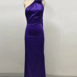 Purple Satin Halter Neck 3D Flower Scarf Maxi Dress