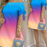 Women Off Shoulder Summer Mini Dress Short Sleeve Bow Tie Striped Plaid Floral Vestidos