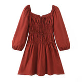 Bow Square Collar Puff Long Sleeve Elastic Waist Mini Dress