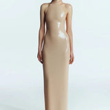 High neck bead wrapped hip skirt slit sequin dress
