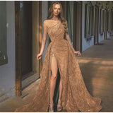 Sequin Off Shoulder High Split Inclined Shoulder Dress