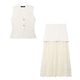 Button Knit Top Side Zipper Skirt Suit