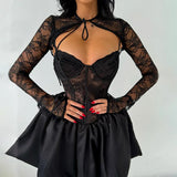 Black Lace Long Sleeve Flare Mini Dress