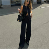 Solid Sleeveless Vest High Waist Straight Pant Suit