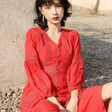 Women Cotton Patchwork Lace Dresses V-Neck Lantern Sleeve Maxi Dress