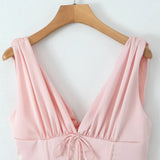 Stain Pleated Ruched Strap Bow Folds Hem Mini Dress