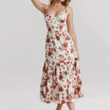 Flower Print Corset Style Ruffles Hem Midi Dress