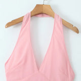Pink Deep V Collar Halter Sling Midi Dress