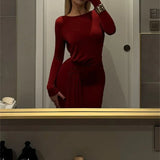 Red Lace-Up Pleated Long Sleeve Maxi Dress