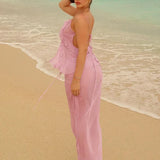 Mesh Irregular Ruffles Backless Tops and Long Skirts Suits