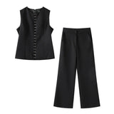 Solid Sleeveless Vest High Waist Straight Pant Suit
