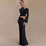 3D Floral-applique Long Sleeve Skirt Suit