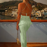 Mesh Irregular Ruffles Backless Tops and Long Skirts Suits