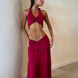 Halter Twist Crop Top and Pleated Long Skirt Suit