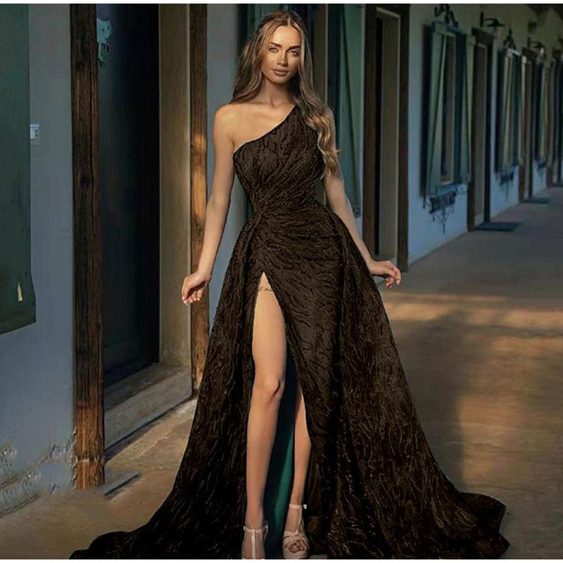 Sequin Off Shoulder High Split Inclined Shoulder Dress