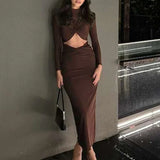 Hollow Out Pleated Long Sleeves Maxi Dress