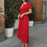 Ribbed Contrast Collar Short Sleeve Buttoned Midi Dress