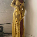 Summer Slim-Fit See-Through V-Neck Long Sleeve Dress