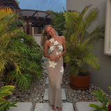 Knit Crochet Flower Applique Halter Maxi Dress