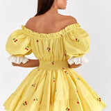 Print Puff Sleeve Ruffles Lace-up  Mini Dress