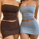 Elegant Strapless Solid Crop Top and Skirt 2 Piece Set