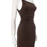 Beaded Asymmetric Slant Neck Mini Dress