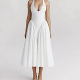 White Bow Halter Neck Pleated Midi Dress