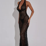 Halter Neck Backless Glitter Long Dress