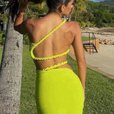 Green Oblique Shoulder Top Thigh High Split Long Skirt Set