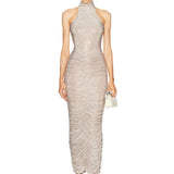 Halter Neck Backless Crystal Folds Long Dress