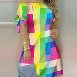 Women Off Shoulder Summer Mini Dress Short Sleeve Bow Tie Striped Plaid Floral Vestidos