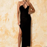 Solid Backless Halter Knit Slit Maxi Dress