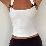 Black Bow Patchwork Sleeveless Mini Vest Summer Fashion Slim Fit White Camis Cropped Streetwear  Crop Tops