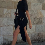 Short Sleeve Draped Black Metal Buckle Mini Dress