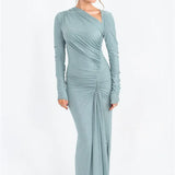 Long Sleeve Ruched Maxi Dress with Thigh-High Split
